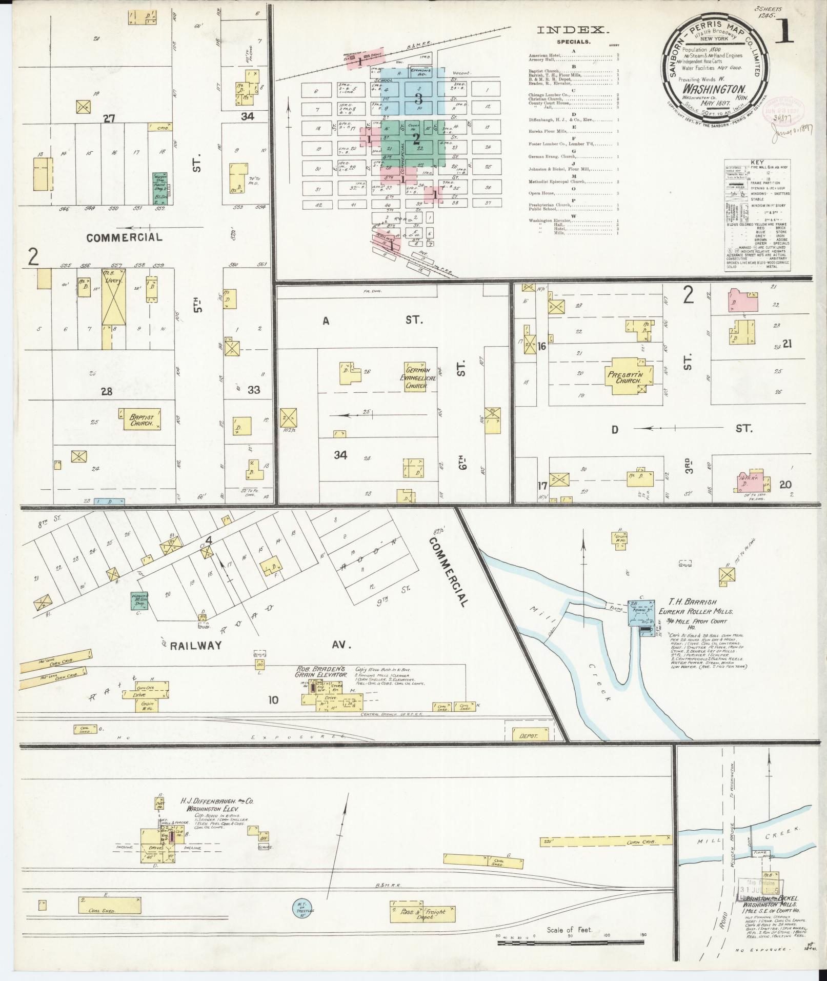 Sanborn Fire Insurance Map from Washington, Washington County, Kansas (1897), Sheet #0001 - Historic Sanborn Fire Insurance Map Print, vintage old map wall art, antique decor, genealogy gift, Kansas Kansas map