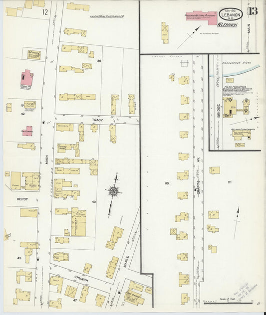 Sanborn Fire Insurance Map from Lebanon, Grafton County, New Hampshire (1912), Sheet #0013 - Historic Sanborn Fire Insurance Map Print, vintage old map wall art, antique decor, genealogy gift, New Hampshire New Hampshire map