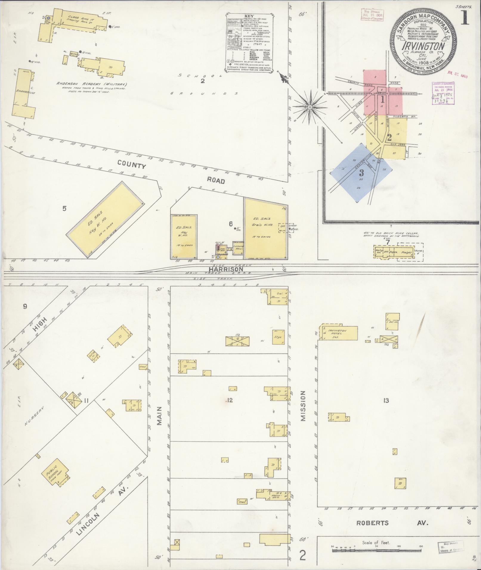 Sanborn Fire Insurance Map from Irvington, Alameda County, California (1908), Sheet #0001 - Historic Sanborn Fire Insurance Map Print, vintage old map wall art, antique decor, genealogy gift, California California map