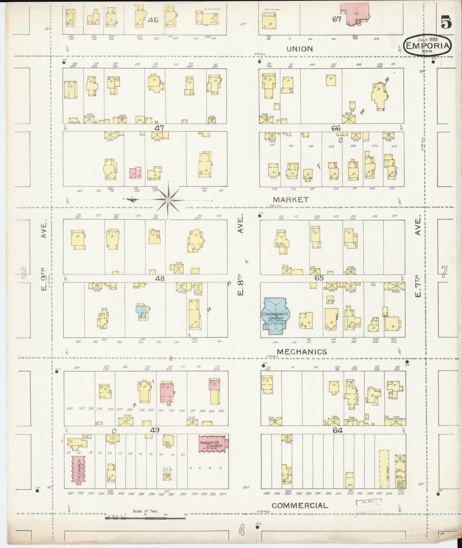 Sanborn Fire Insurance Map from Emporia, Lyon County, Kansas (1893), Sheet #0005 - Historic Sanborn Fire Insurance Map Print, vintage old map wall art, antique decor, genealogy gift, Kansas Kansas map