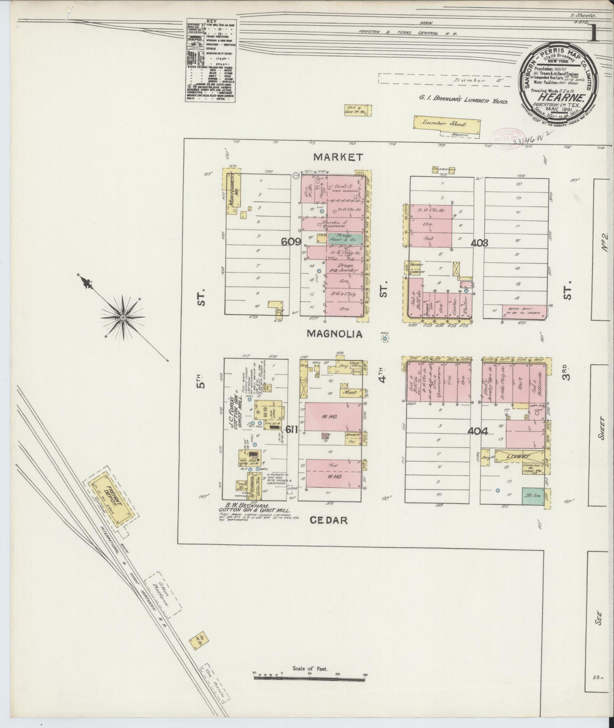 Sanborn Fire Insurance Map from Hearne, Robertson County, Texas (1891), Sheet #0001 - Complete Map Set gallery image, historic Sanborn map, vintage wall art, Texas Texas