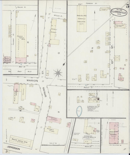Sanborn Fire Insurance Map from Clarksville, Montgomery County, Tennessee (1888), Sheet #0005 - Historic Sanborn Fire Insurance Map Print, vintage old map wall art, antique decor, genealogy gift, Tennessee Tennessee map