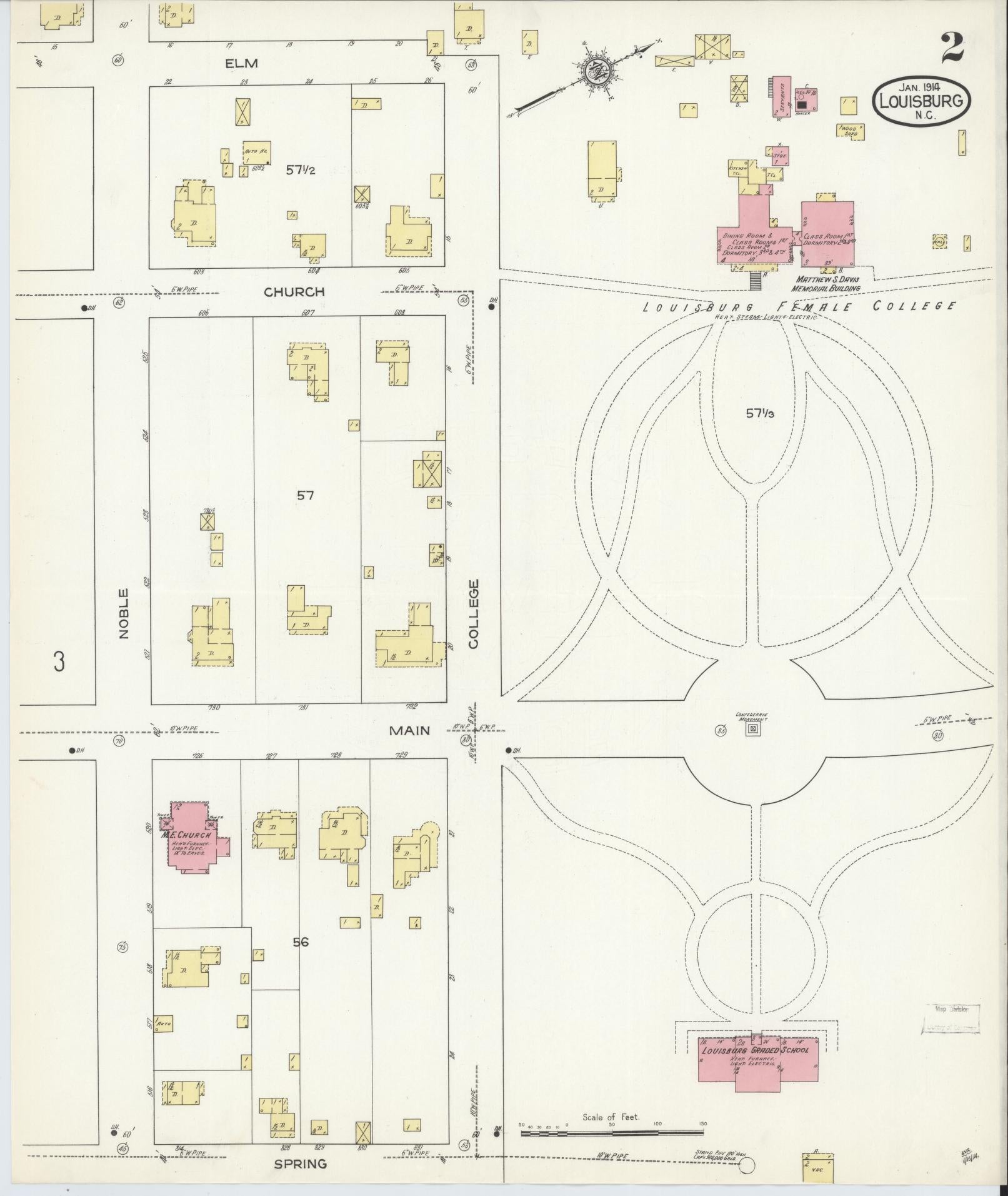 Sanborn Fire Insurance Map from Louisburg, Franklin County, North Carolina (1914), Sheet #0002 - Complete Map Set gallery image, historic Sanborn map, vintage wall art, North Carolina North Carolina