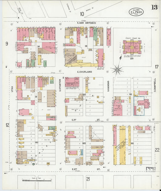 Sanborn Fire Insurance Map from El Paso, El Paso County, Texas (1900), Sheet #0013 - Historic Sanborn Fire Insurance Map Print, vintage old map wall art, antique decor, genealogy gift, Texas Texas map
