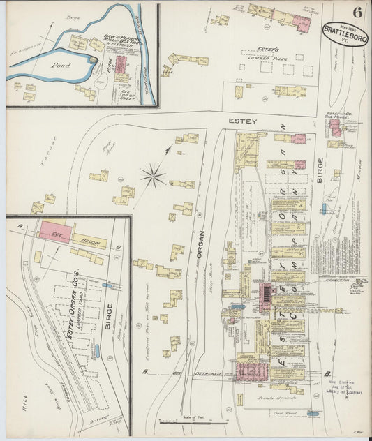 Sanborn Fire Insurance Map from Brattleboro, Windham County, Vermont (1885), Sheet #0006 - Historic Sanborn Fire Insurance Map Print, vintage old map wall art, antique decor, genealogy gift, Vermont Vermont map