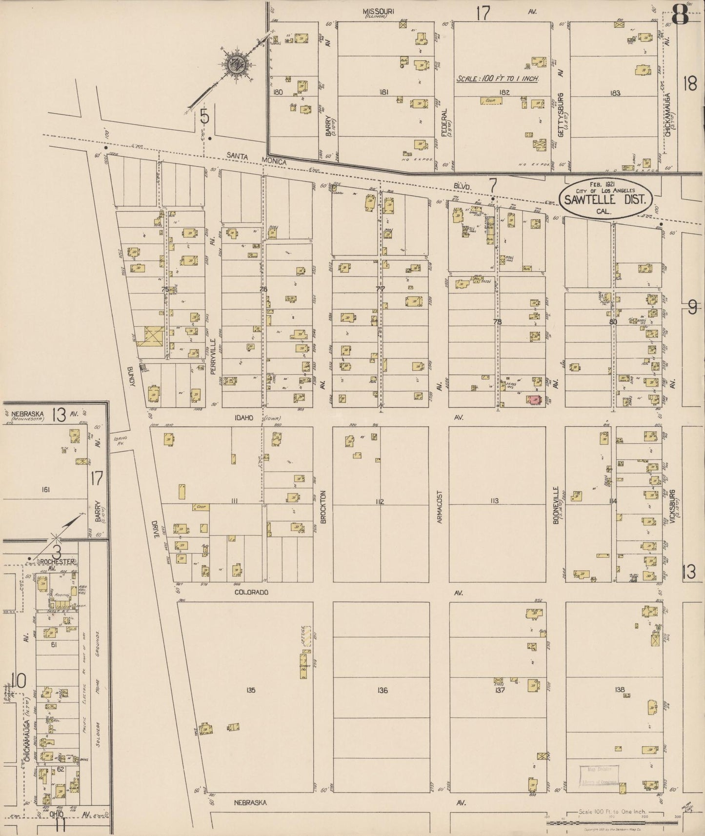 Sanborn Fire Insurance Map from Sawtelle, Los Angeles County, California (1921), Sheet #0008 - Complete Map Set gallery image, historic Sanborn map, vintage wall art, California California