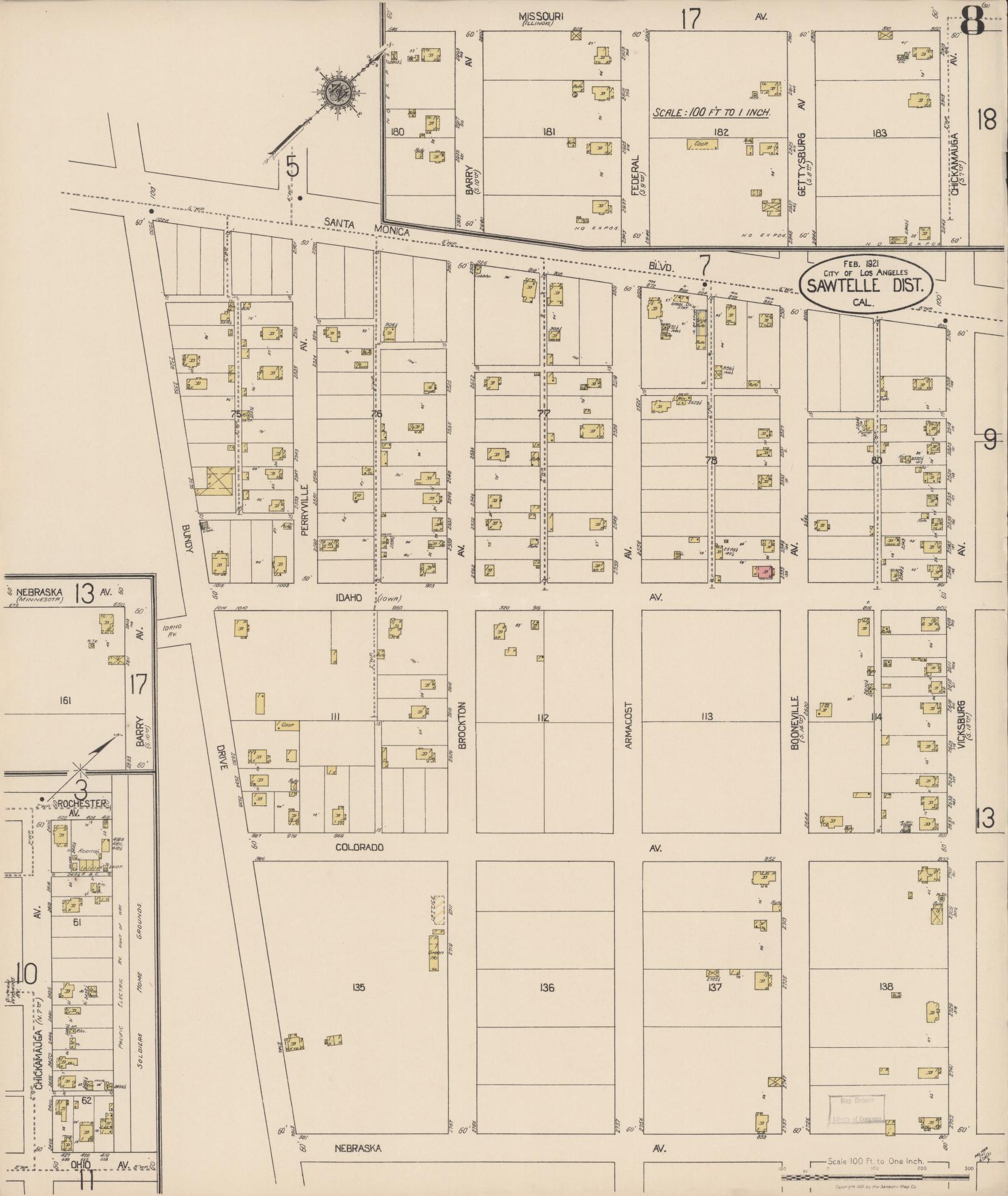 Sanborn Fire Insurance Map from Sawtelle, Los Angeles County, California (1921), Sheet #0008 - Complete Map Set gallery image, historic Sanborn map, vintage wall art, California California