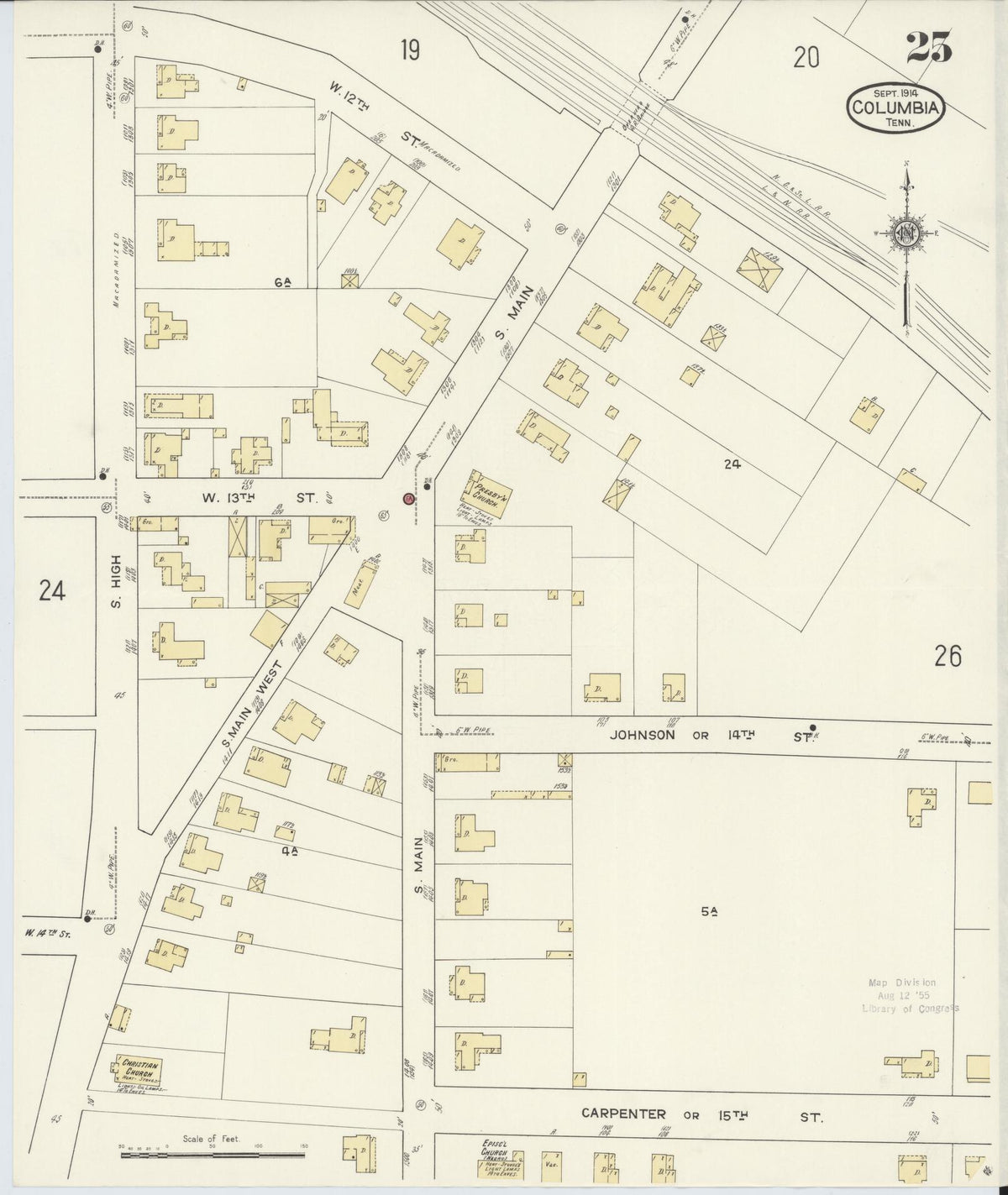 Sanborn Fire Insurance Map from Columbia, Maury County, Tennessee (1914), Sheet #0025 - Complete Map Set gallery image, historic Sanborn map, vintage wall art, Tennessee Tennessee