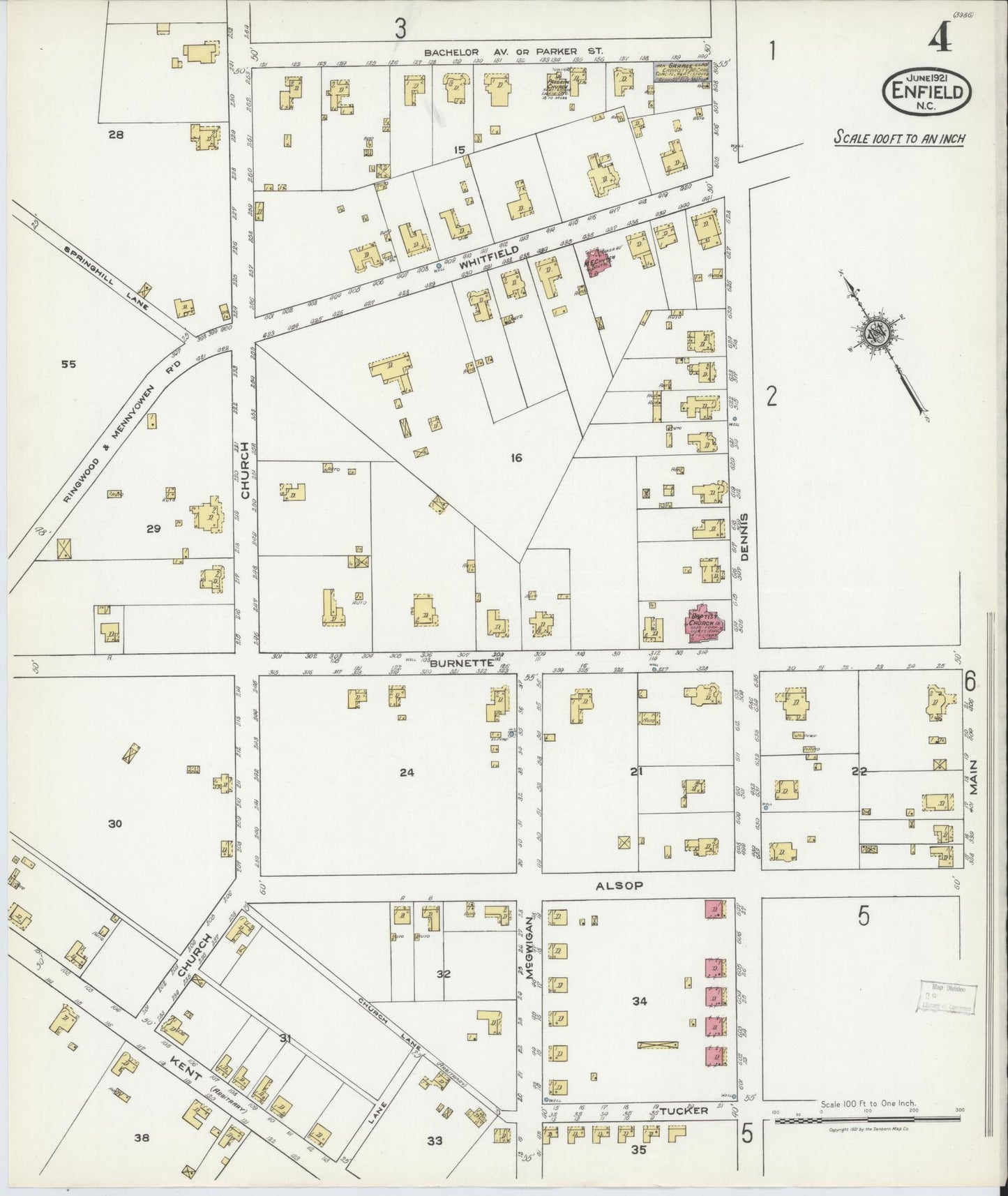 Sanborn Fire Insurance Map from Enfield, Halifax County, North Carolina (1921), Sheet #0004 - Complete Map Set gallery image, historic Sanborn map, vintage wall art, North Carolina North Carolina