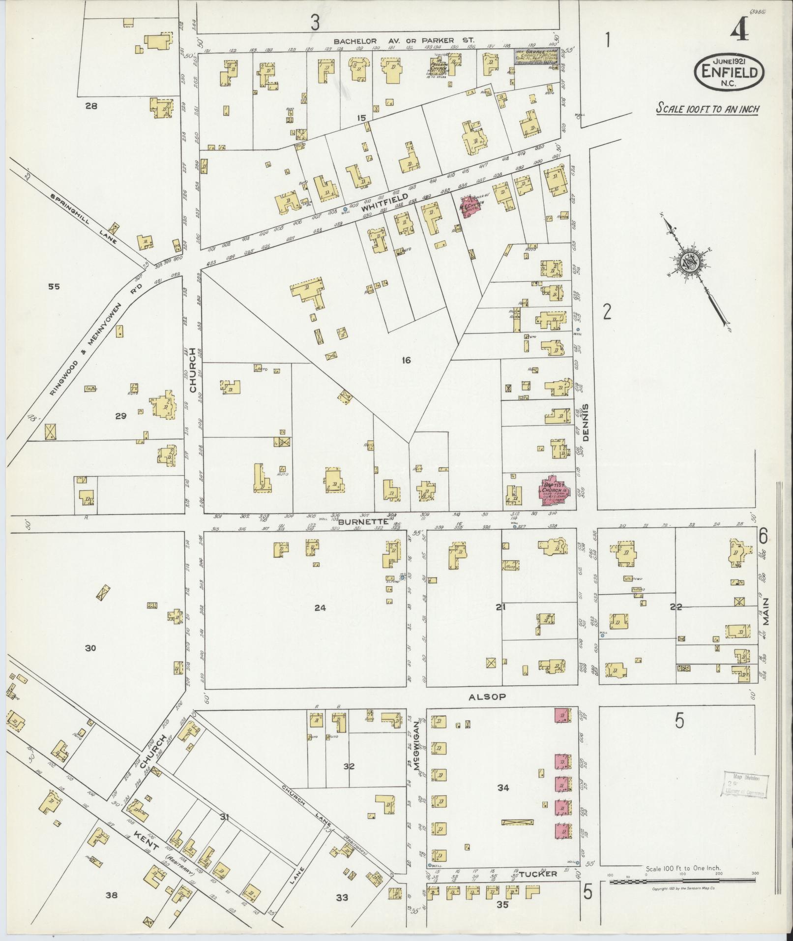 Sanborn Fire Insurance Map from Enfield, Halifax County, North Carolina (1921), Sheet #0004 - Complete Map Set gallery image, historic Sanborn map, vintage wall art, North Carolina North Carolina