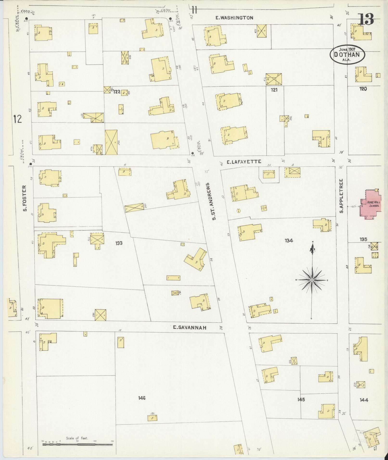 Sanborn Fire Insurance Map from Dothan, Houston County, Alabama (1907), Sheet #0013 - Complete Map Set gallery image, historic Sanborn map, vintage wall art, Alabama Alabama