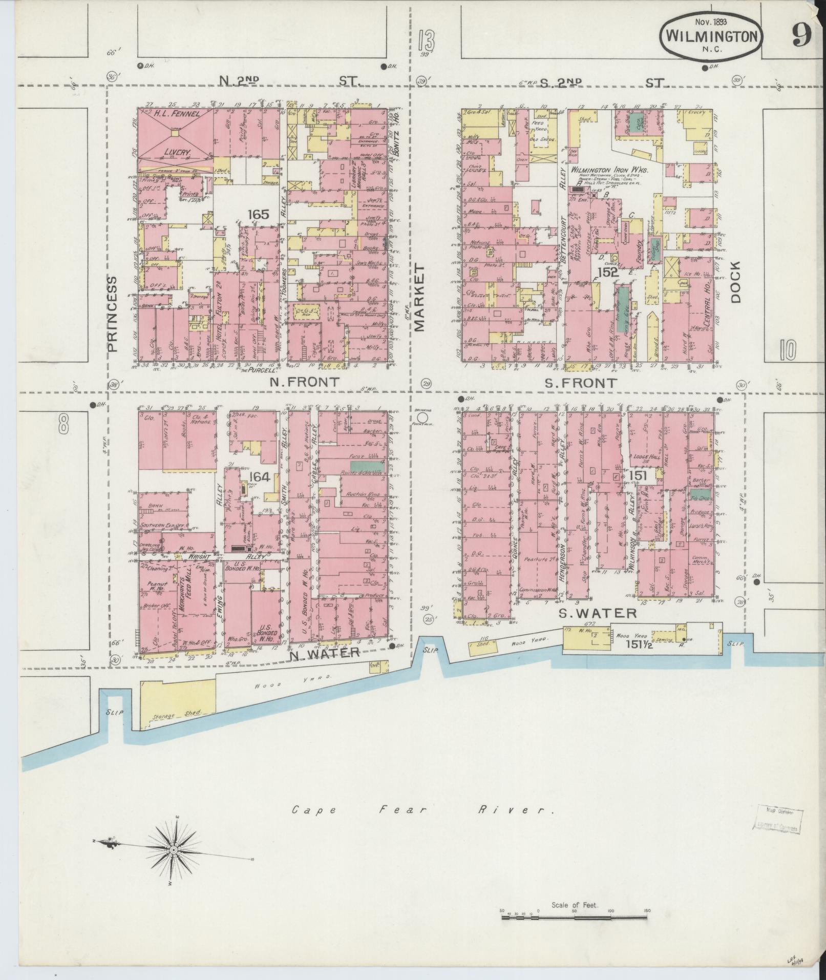 Sanborn Fire Insurance Map from Wilmington, New Hanover County, North Carolina (1893), Sheet #0009 - Complete Map Set gallery image, historic Sanborn map, vintage wall art, North Carolina North Carolina