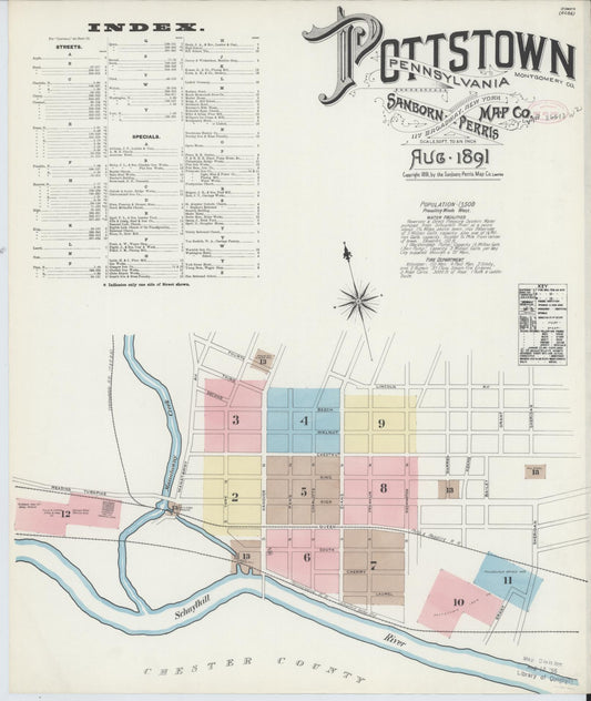 Sanborn Fire Insurance Map from Pottstown, Montgomery County, Pennsylvania (1891), Sheet #0001 - Historic Sanborn Fire Insurance Map Print, vintage old map wall art, antique decor, genealogy gift, Pennsylvania Pennsylvania map