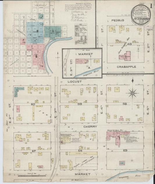 Sanborn Fire Insurance Map from Petersburg, Menard County, Illinois (1886), Sheet #0001 - Complete Map Set gallery image, historic Sanborn map, vintage wall art, Illinois Illinois