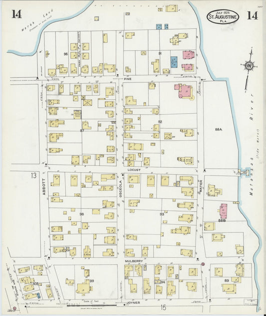 Sanborn Fire Insurance Map from Saint Augustine, Saint John's County, Florida (1924), Sheet #0014 - Historic Sanborn Fire Insurance Map Print, vintage old map wall art, antique decor, genealogy gift, Florida Florida map