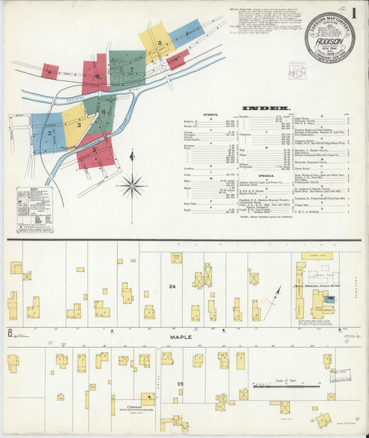 Sanborn Fire Insurance Map from Addison, Steuben County, New York (1909), Sheet #0001 - Historic Sanborn Fire Insurance Map Print, vintage old map wall art, antique decor, genealogy gift, New York New York map