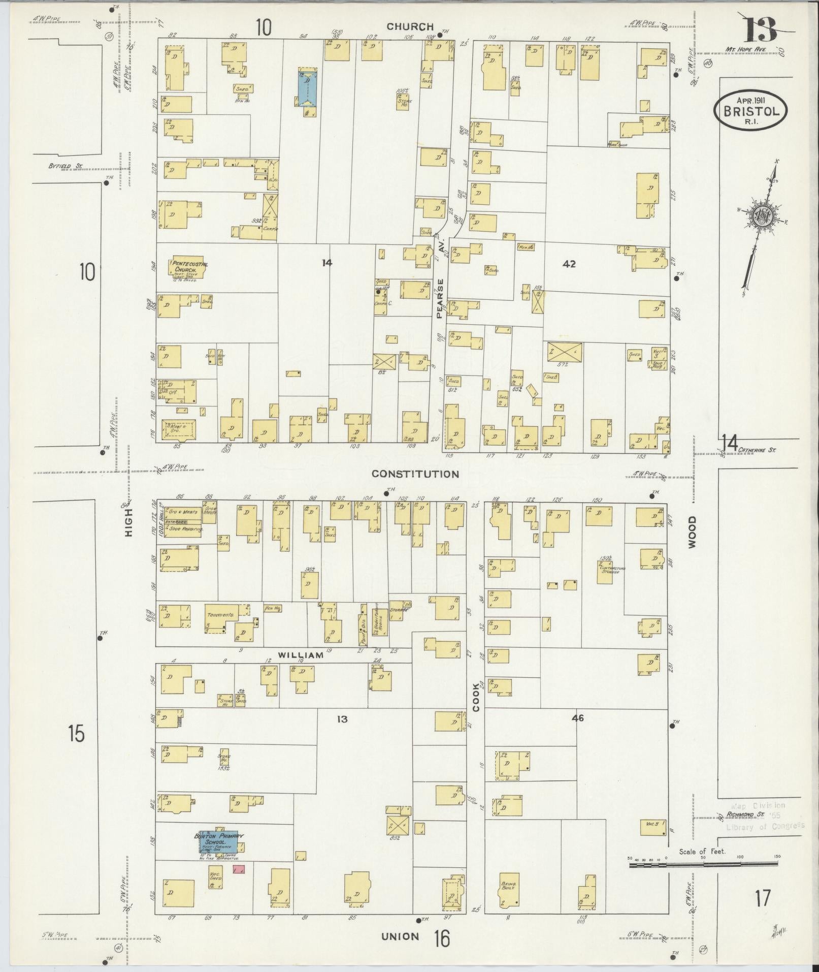 Sanborn Fire Insurance Map from Bristol, Bristol County, Rhode Island (1911), Sheet #0013 - Complete Map Set gallery image, historic Sanborn map, vintage wall art, Rhode Island Rhode Island