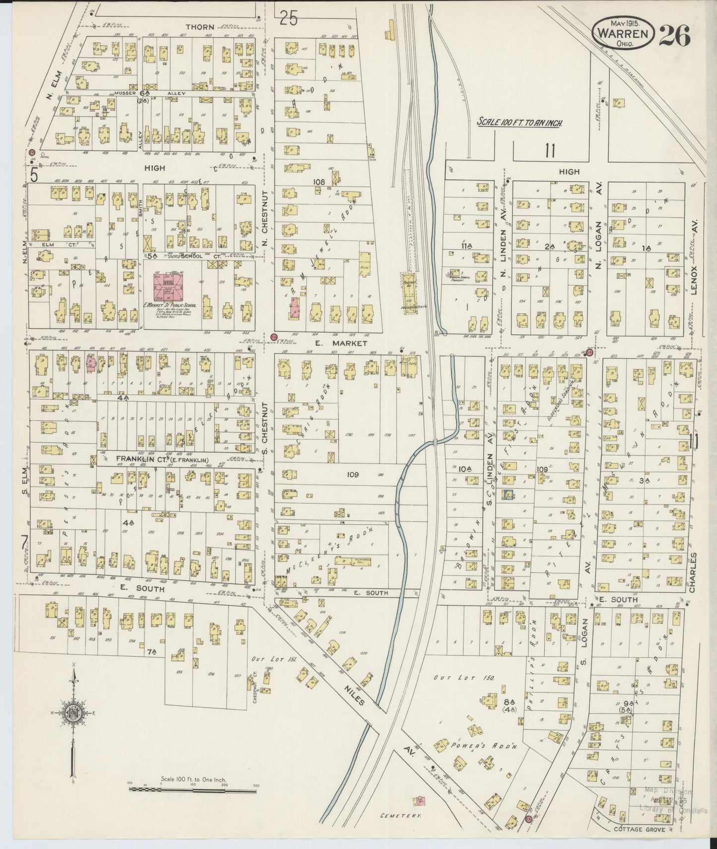 Sanborn Fire Insurance Map from Warren, Trumbull County, Ohio (1915), Sheet #0026 - Historic Sanborn Fire Insurance Map Print, vintage old map wall art, antique decor, genealogy gift, Ohio Ohio map