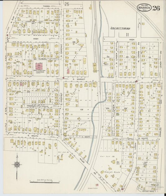 Sanborn Fire Insurance Map from Warren, Trumbull County, Ohio (1915), Sheet #0026 - Historic Sanborn Fire Insurance Map Print, vintage old map wall art, antique decor, genealogy gift, Ohio Ohio map