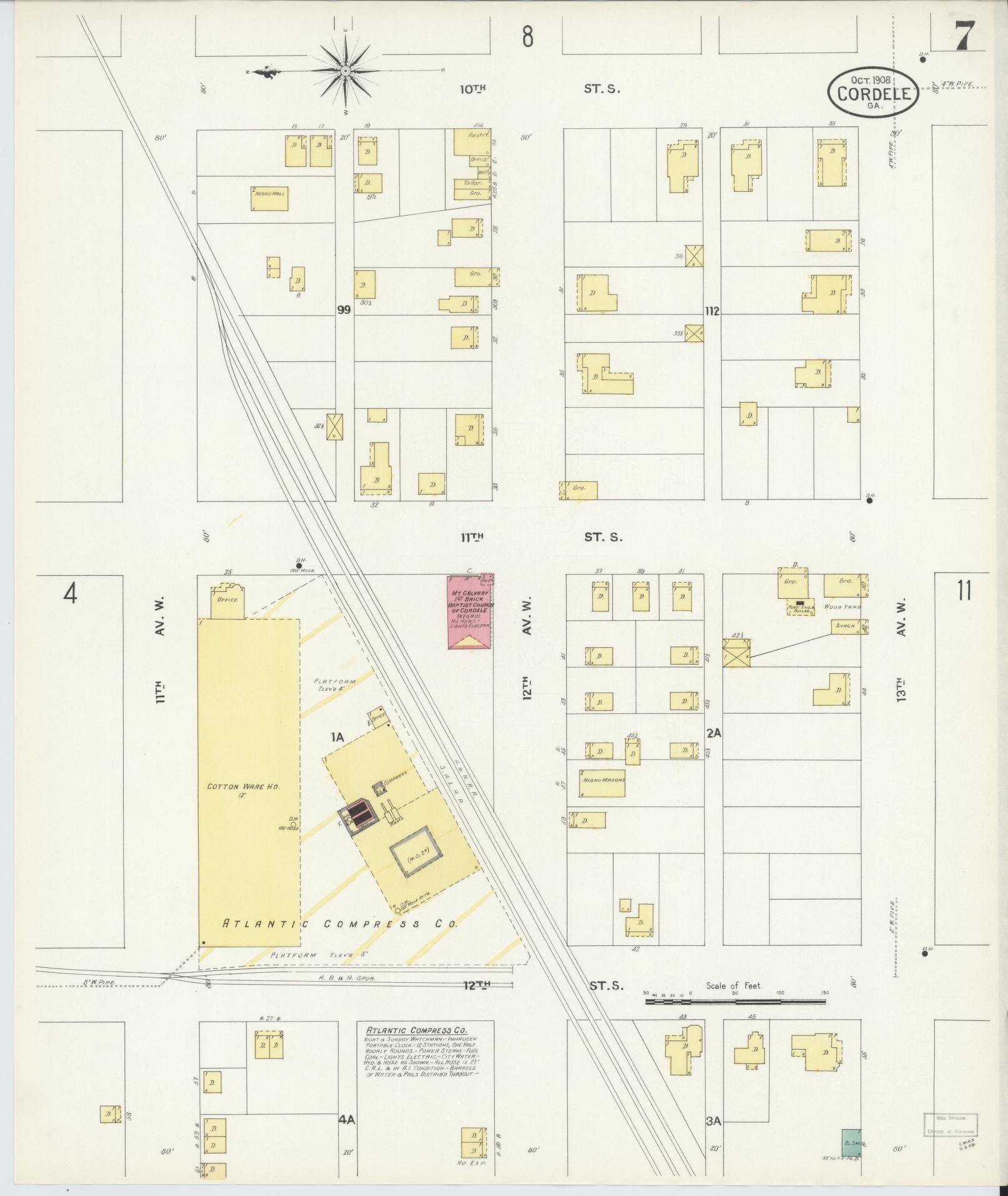 Sanborn Fire Insurance Map from Cordele, Crisp County, Georgia (1908), Sheet #0007 - Complete Map Set gallery image, historic Sanborn map, vintage wall art, Georgia Georgia