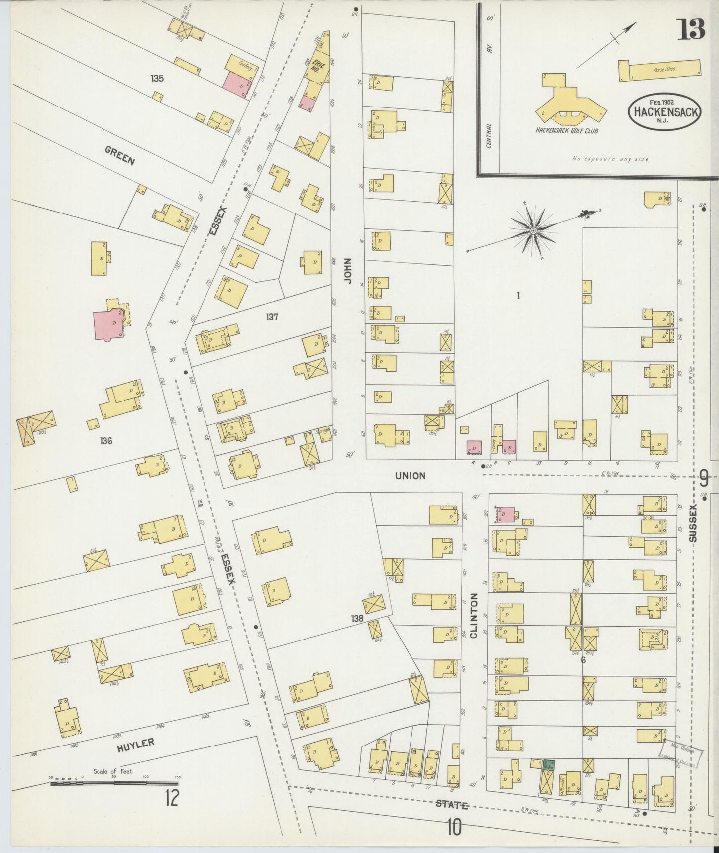 Sanborn Fire Insurance Map from Hackensack, Bergen County, New Jersey (1902), Sheet #0013 - Historic Sanborn Fire Insurance Map Print, vintage old map wall art, antique decor, genealogy gift, New Jersey New Jersey map