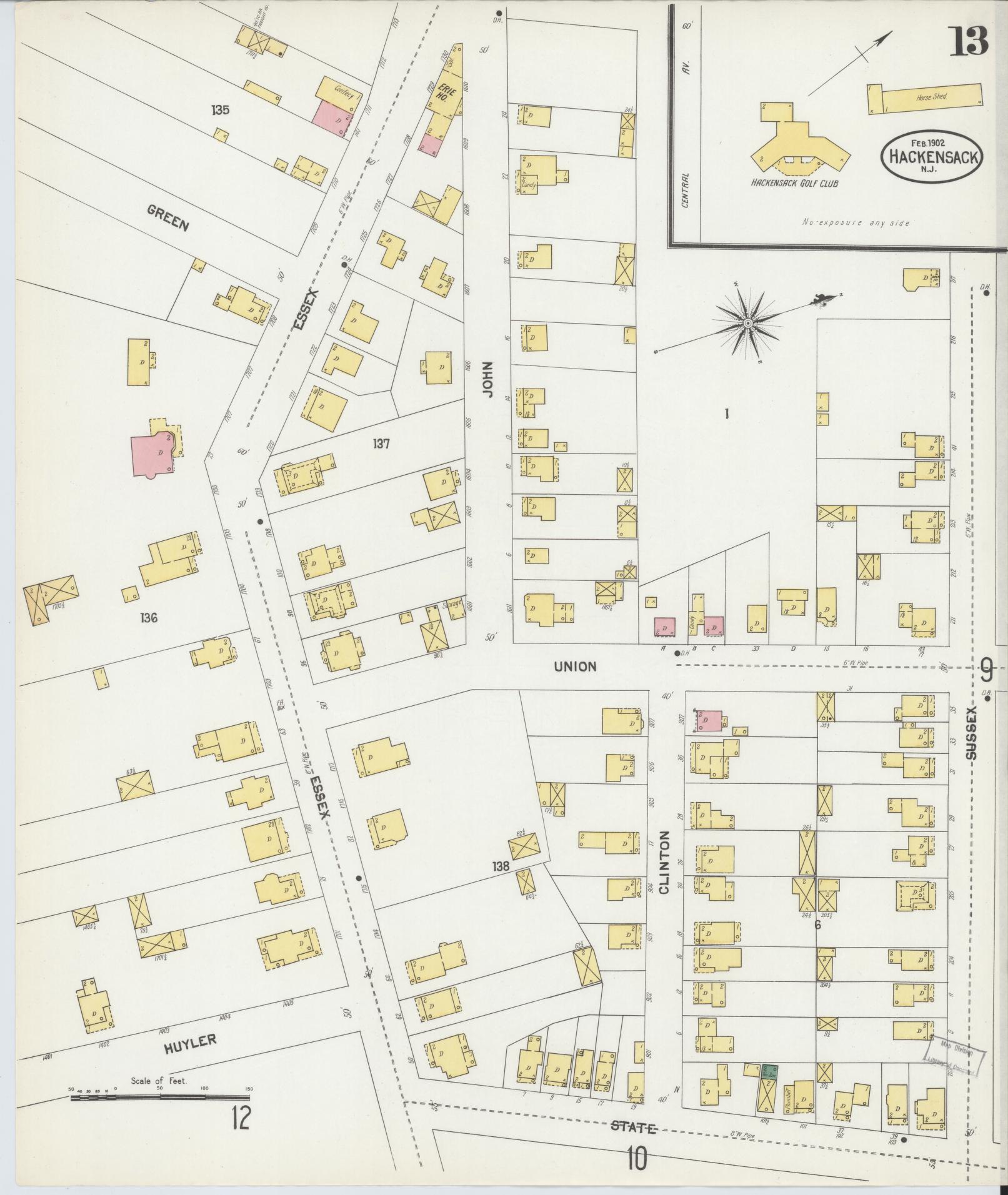 Sanborn Fire Insurance Map from Hackensack, Bergen County, New Jersey (1902), Sheet #0013 - Historic Sanborn Fire Insurance Map Print, vintage old map wall art, antique decor, genealogy gift, New Jersey New Jersey map