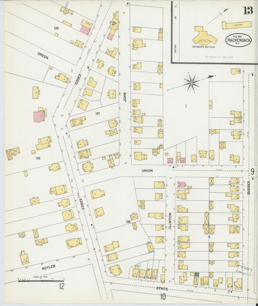 Sanborn Fire Insurance Map from Hackensack, Bergen County, New Jersey (1902), Sheet #0013 - Historic Sanborn Fire Insurance Map Print, vintage old map wall art, antique decor, genealogy gift, New Jersey New Jersey map