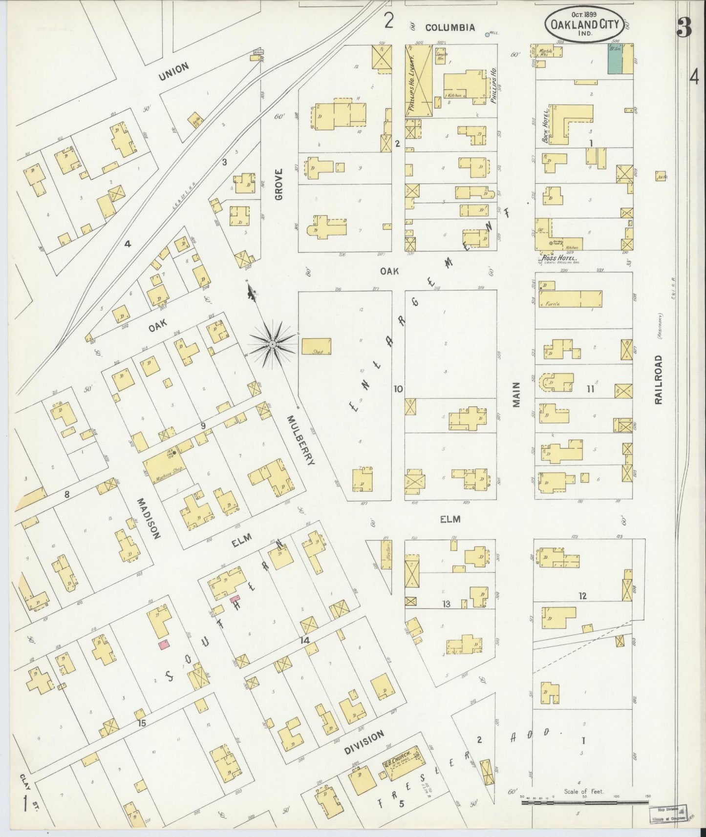 Sanborn Fire Insurance Map from Oakland City, Gibson County, Indiana (1899), Sheet #0003 - Complete Map Set gallery image, historic Sanborn map, vintage wall art, Indiana Indiana
