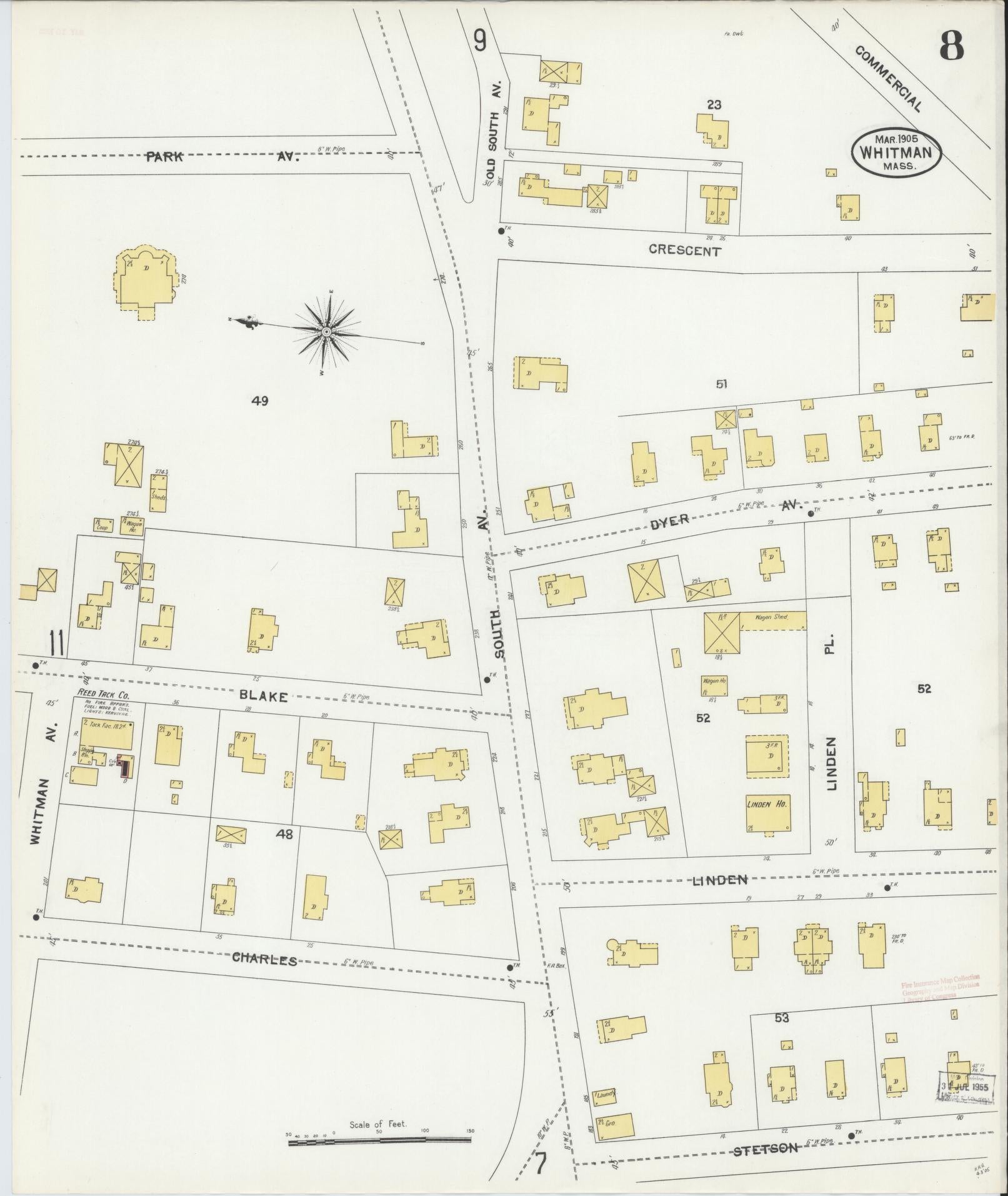 Sanborn Fire Insurance Map from Whitman, Plymouth County, Massachusetts (1905), Sheet #0008 - Historic Sanborn Fire Insurance Map Print, vintage old map wall art, antique decor, genealogy gift, Massachusetts Massachusetts map