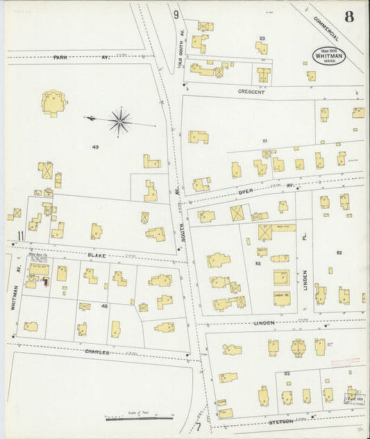 Sanborn Fire Insurance Map from Whitman, Plymouth County, Massachusetts (1905), Sheet #0008 - Historic Sanborn Fire Insurance Map Print, vintage old map wall art, antique decor, genealogy gift, Massachusetts Massachusetts map