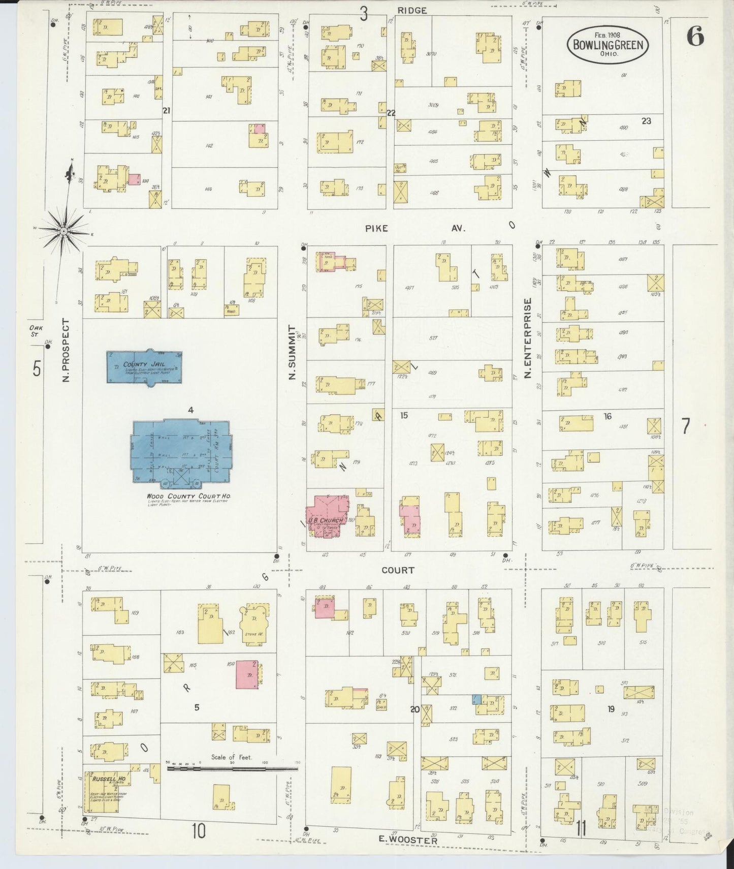 Sanborn Fire Insurance Map from Bowling Green, Wood County, Ohio (1908), Sheet #0006 - Historic Sanborn Fire Insurance Map Print, vintage old map wall art, antique decor, genealogy gift, Ohio Ohio map