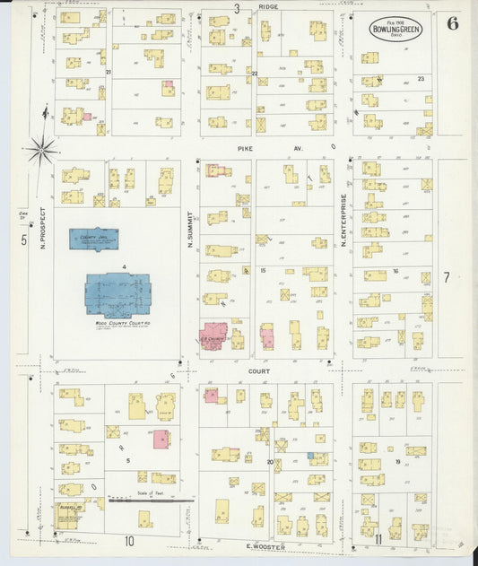 Sanborn Fire Insurance Map from Bowling Green, Wood County, Ohio (1908), Sheet #0006 - Historic Sanborn Fire Insurance Map Print, vintage old map wall art, antique decor, genealogy gift, Ohio Ohio map