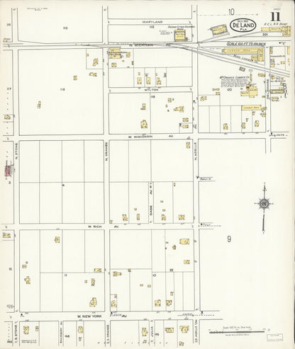 Sanborn Fire Insurance Map from De Land, Volusia County, Florida (1921), Sheet #0011 - Historic Sanborn Fire Insurance Map Print, vintage old map wall art, antique decor, genealogy gift, Florida Florida map