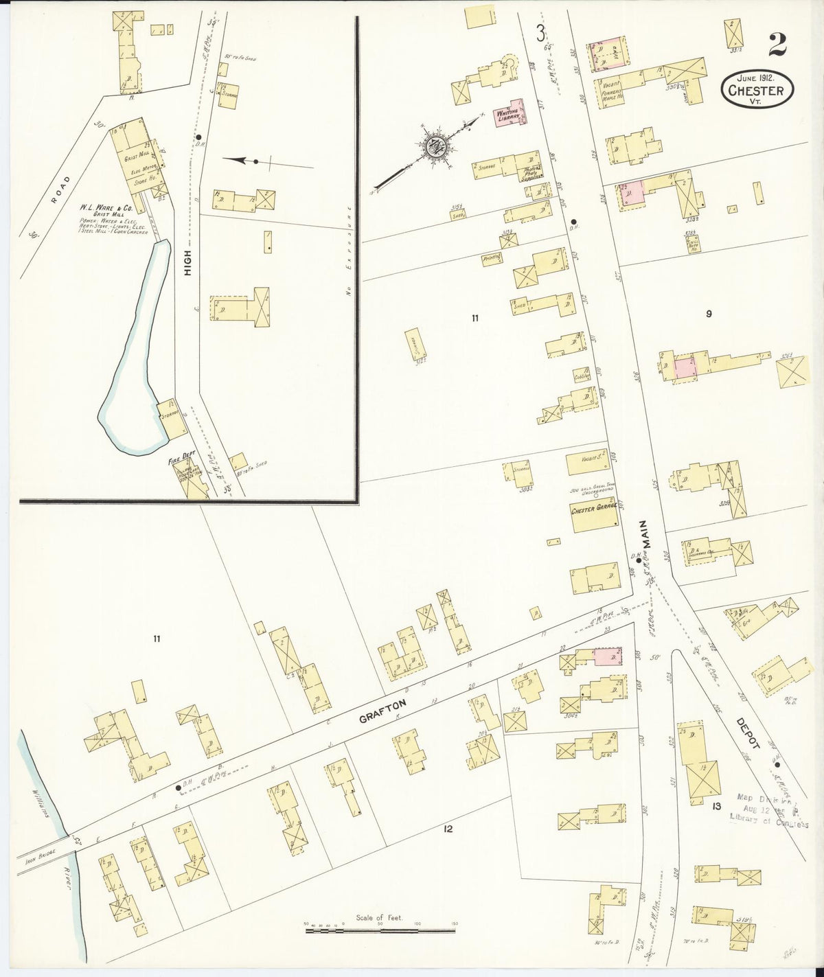 Sanborn Fire Insurance Map from Chester, Windsor County, Vermont (1912), Sheet #0002 - Historic Sanborn Fire Insurance Map Print, vintage old map wall art, antique decor, genealogy gift, Vermont Vermont map