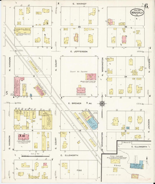 Sanborn Fire Insurance Map from Waverly, Bremer County, Iowa (1915), Sheet #0006 - Historic Sanborn Fire Insurance Map Print, vintage old map wall art