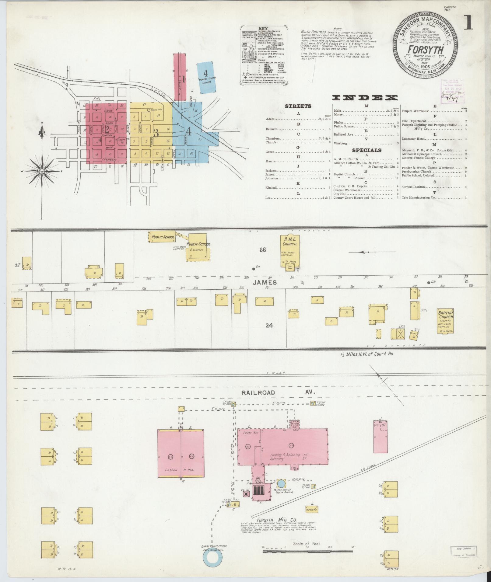Sanborn Fire Insurance Map from Forsyth, Monroe County, Georgia (1905), Sheet #0001 - Complete Map Set gallery image, historic Sanborn map, vintage wall art, Georgia Georgia