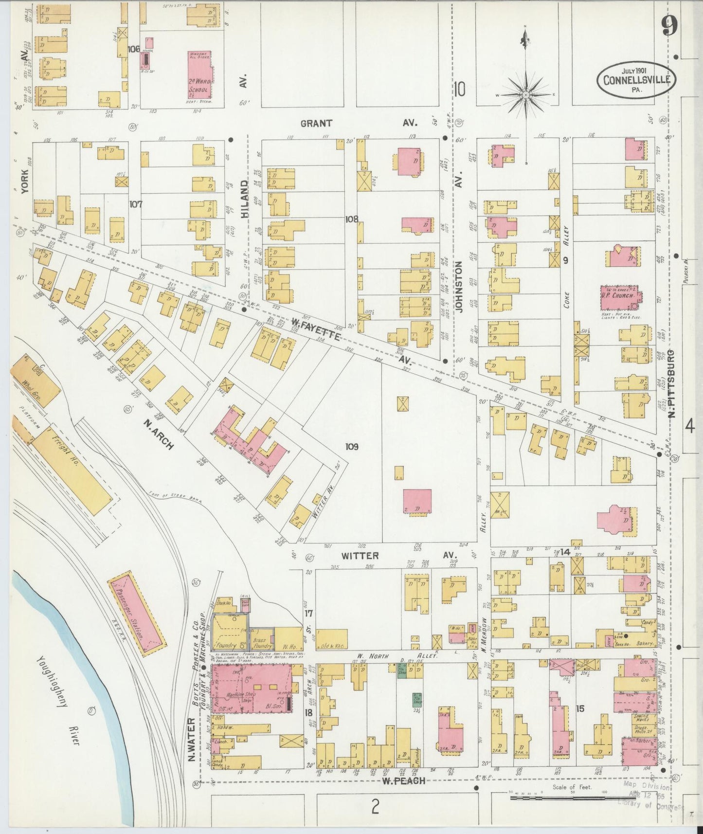 Sanborn Fire Insurance Map from Connellsville, Fayette County, Pennsylvania (1901), Sheet #0009 - Historic Sanborn Fire Insurance Map Print, vintage old map wall art, antique decor, genealogy gift, Pennsylvania Pennsylvania map