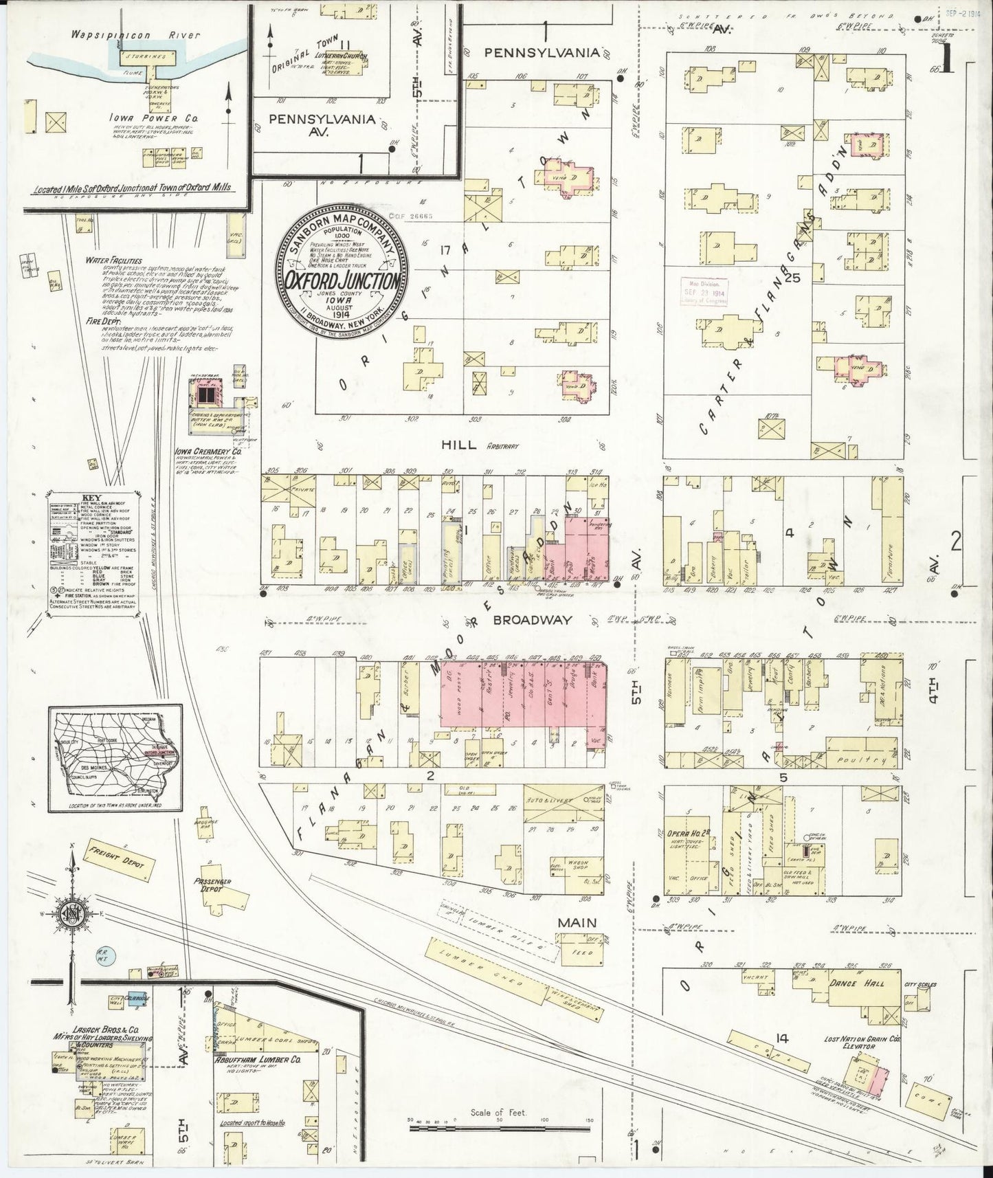Sanborn Fire Insurance Map from Oxford Junction, Jones County, Iowa (1914), Sheet #0001 - Historic Sanborn Fire Insurance Map Print, vintage old map wall art