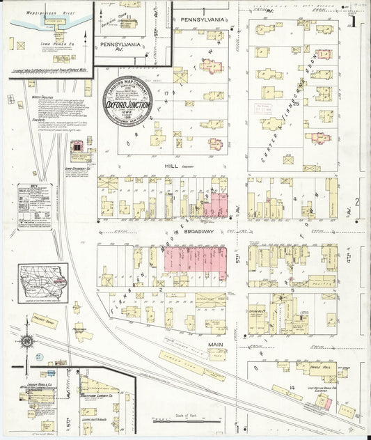 Sanborn Fire Insurance Map from Oxford Junction, Jones County, Iowa (1914), Sheet #0001 - Historic Sanborn Fire Insurance Map Print, vintage old map wall art