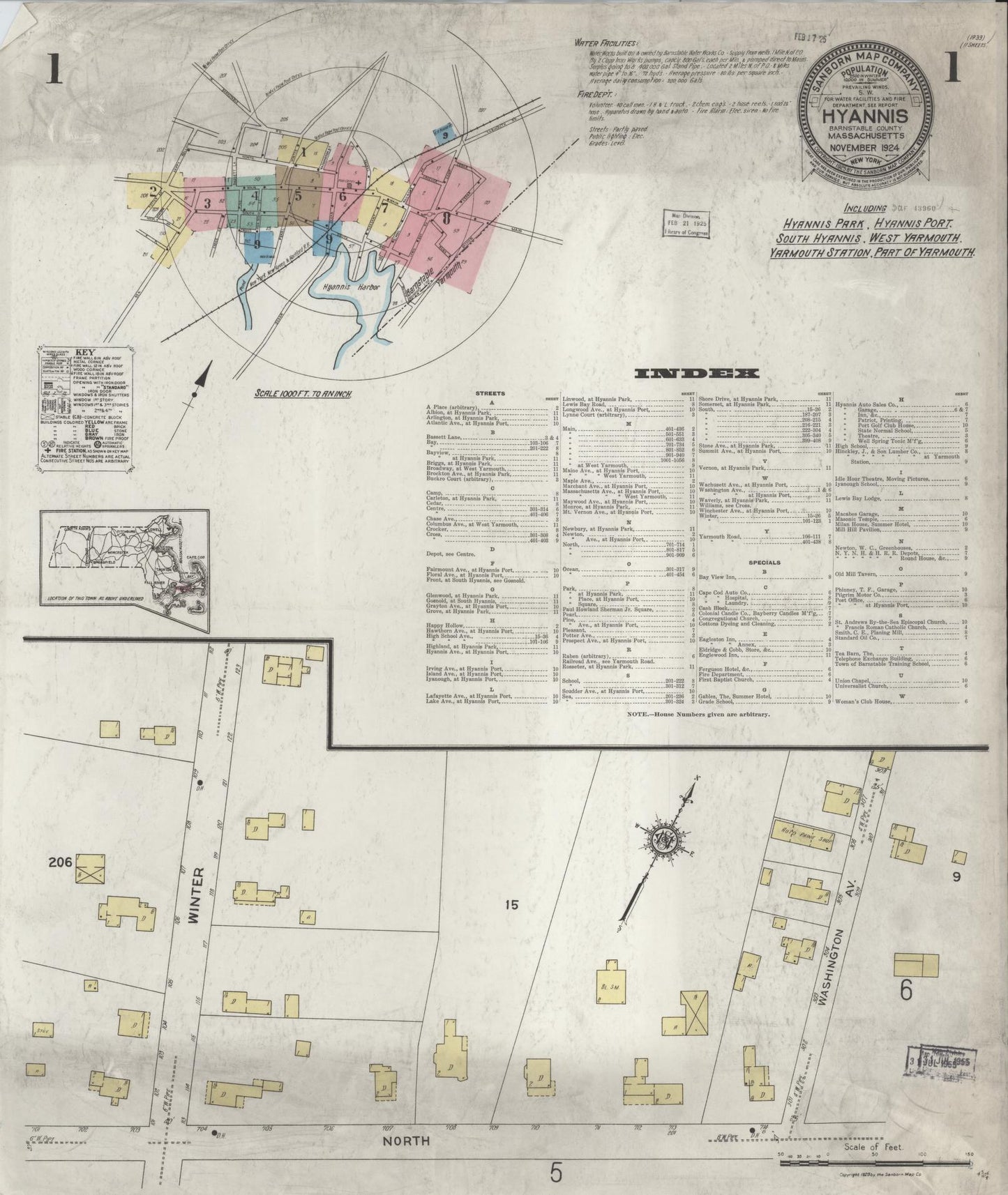 Sanborn Fire Insurance Map from Hyannis, Barnstable County, Massachusetts (1924), Sheet #0001 - Historic Sanborn Fire Insurance Map Print, vintage old map wall art, antique decor, genealogy gift, Massachusetts Massachusetts map