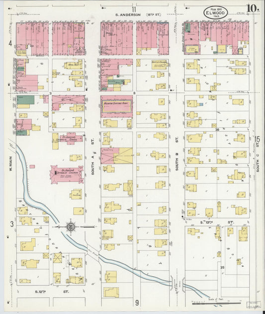 Sanborn Fire Insurance Map from Elwood, Madison County, Indiana (1910), Sheet #0010 - Historic Sanborn Fire Insurance Map Print, vintage old map wall art, antique decor, genealogy gift, Indiana Indiana map