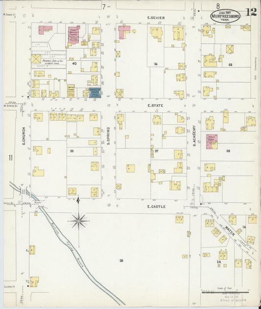 Sanborn Fire Insurance Map from Murfreesboro, Rutherford County, Tennessee (1907), Sheet #0012 - Historic Sanborn Fire Insurance Map Print, vintage old map wall art, antique decor, genealogy gift, Tennessee Tennessee map