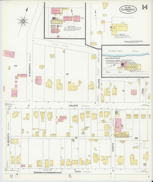 Sanborn Fire Insurance Map from Clarksville, Montgomery County, Tennessee (1908), Sheet #0014 - Historic Sanborn Fire Insurance Map Print, vintage old map wall art, antique decor, genealogy gift, Tennessee Tennessee map