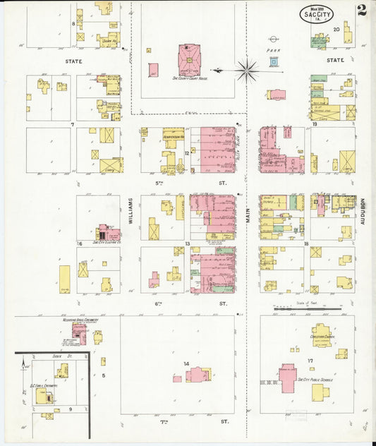 Sanborn Fire Insurance Map from Sac City, Sac County, Iowa (1899), Sheet #0002 - Historic Sanborn Fire Insurance Map Print, vintage old map wall art