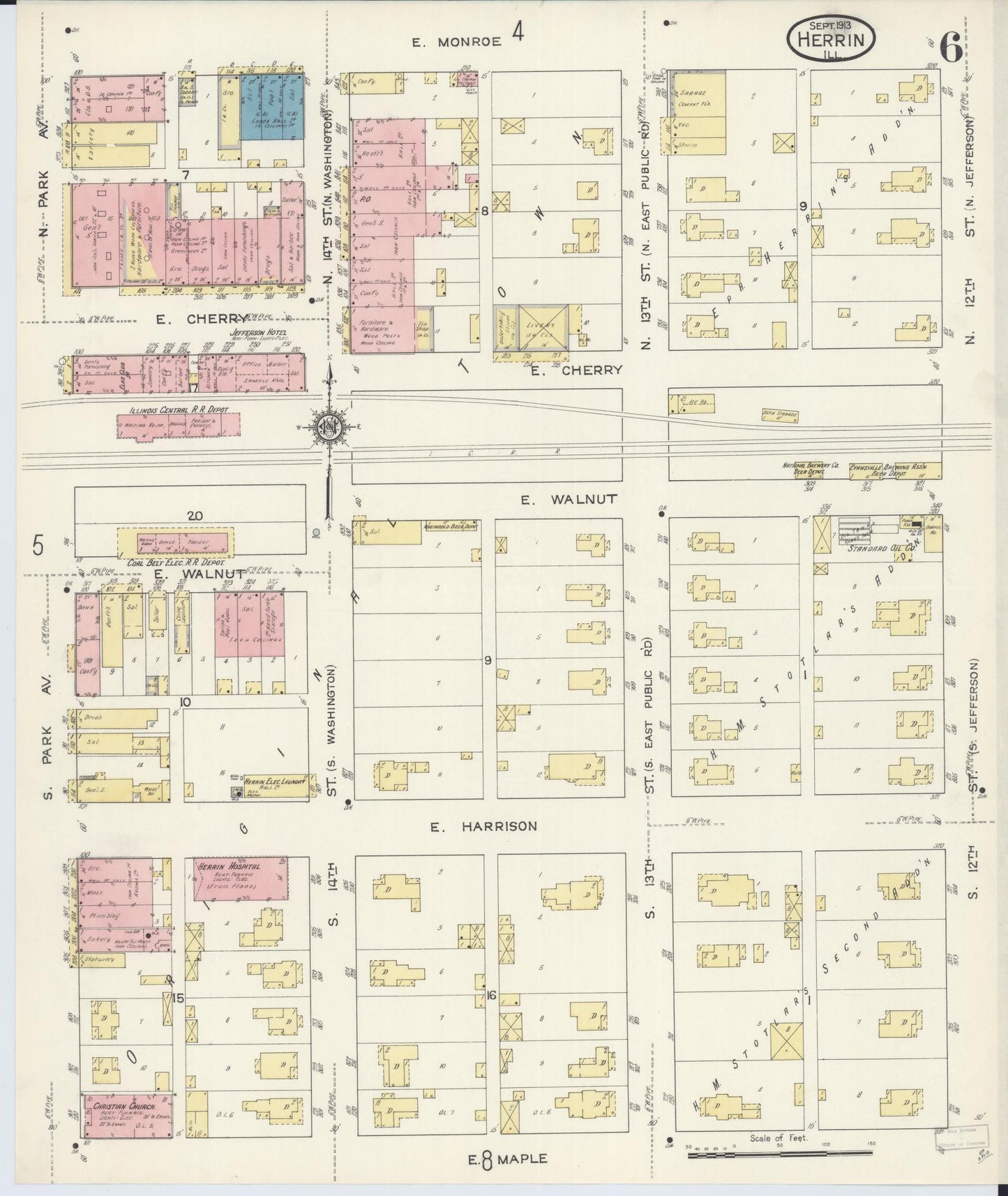 Sanborn Fire Insurance Map from Herrin, Williamson County, Illinois (1913), Sheet #0006 - Historic Sanborn Fire Insurance Map Print, vintage old map wall art, antique decor, genealogy gift, Illinois Illinois map