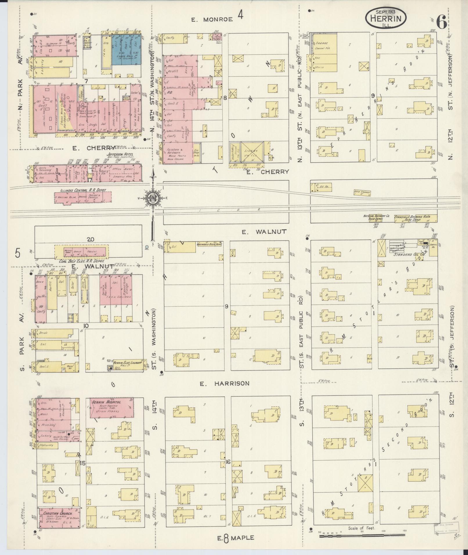 Sanborn Fire Insurance Map from Herrin, Williamson County, Illinois (1913), Sheet #0006 - Historic Sanborn Fire Insurance Map Print, vintage old map wall art, antique decor, genealogy gift, Illinois Illinois map