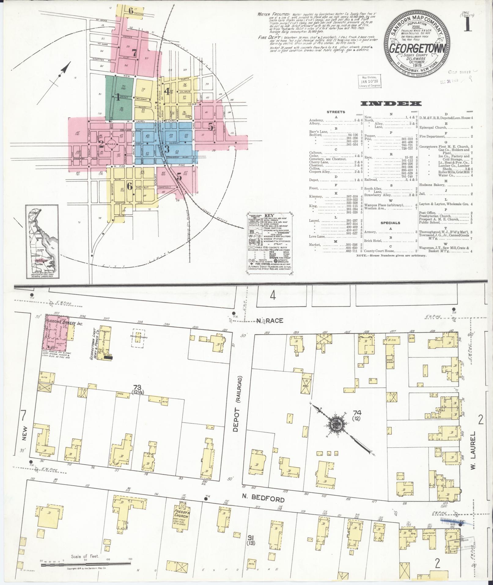 Sanborn Fire Insurance Map from Georgetown, Sussex County, Delaware (1919), Sheet #0001 - Complete Map Set gallery image, historic Sanborn map, vintage wall art, Delaware Delaware