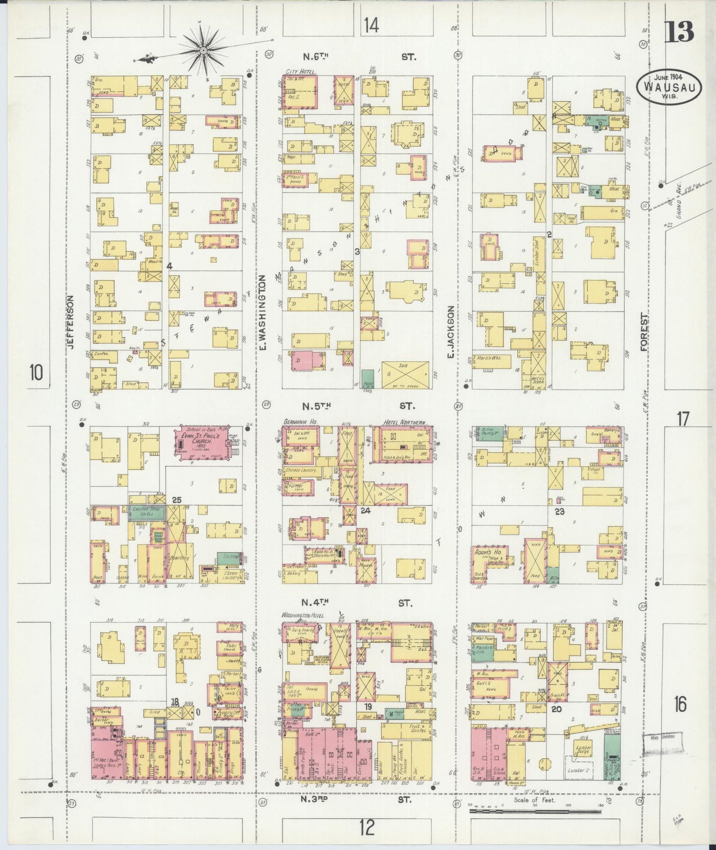 Sanborn Fire Insurance Map from Wausau, Marathon County, Wisconsin (1904), Sheet #0013 - Historic Sanborn Fire Insurance Map Print, vintage old map wall art, antique decor, genealogy gift, Wisconsin Wisconsin map