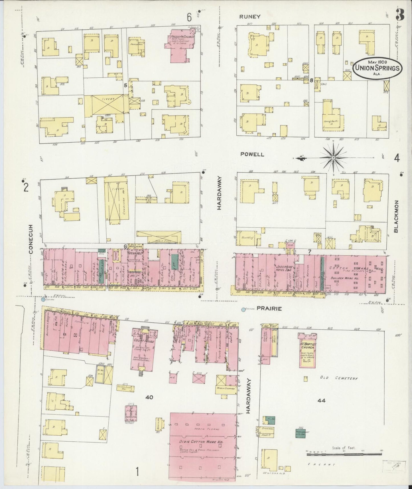 Sanborn Fire Insurance Map from Union Springs, Bullock County, Alabama (1909), Sheet #0003 - Historic Sanborn Fire Insurance Map Print, vintage old map wall art, antique decor, genealogy gift, Alabama Alabama map