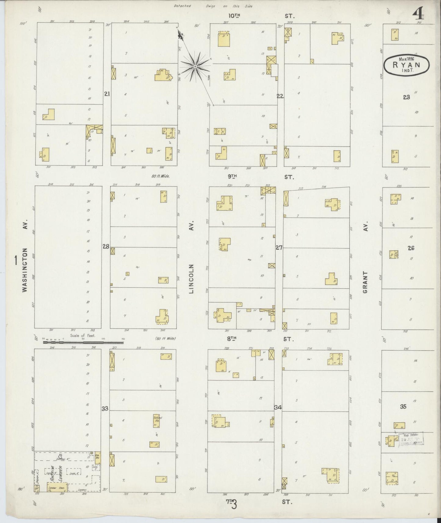 Sanborn Fire Insurance Map from Ryan, Jefferson County, Oklahoma (1896), Sheet #0004 - Complete Map Set gallery image, historic Sanborn map, vintage wall art, Oklahoma Oklahoma